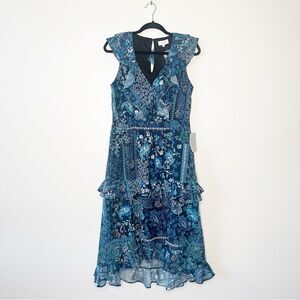 NEW NSR Nordstrom Tiered Ruffle Midi cocktail Party Blue Dress Size Medium